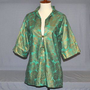Vintage Dutchmaid Women's Top Size Medium Retro Green & Gold Floral Print